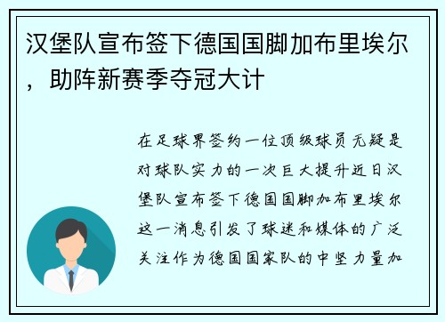 汉堡队宣布签下德国国脚加布里埃尔，助阵新赛季夺冠大计