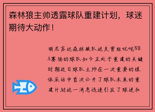 森林狼主帅透露球队重建计划，球迷期待大动作！