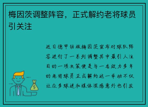 梅因茨调整阵容，正式解约老将球员引关注