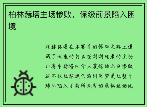 柏林赫塔主场惨败，保级前景陷入困境