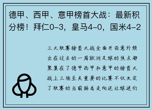 德甲、西甲、意甲榜首大战：最新积分榜！拜仁0-3，皇马4-0，国米4-2